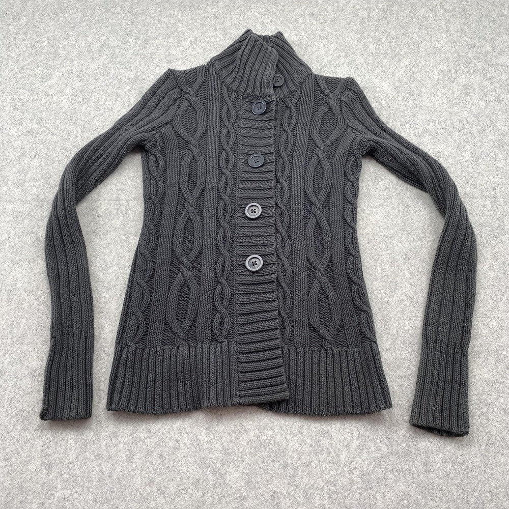 Eddie Bauer Cardigan Sweater Womens Medium Gray Cable Knit High Neck Button